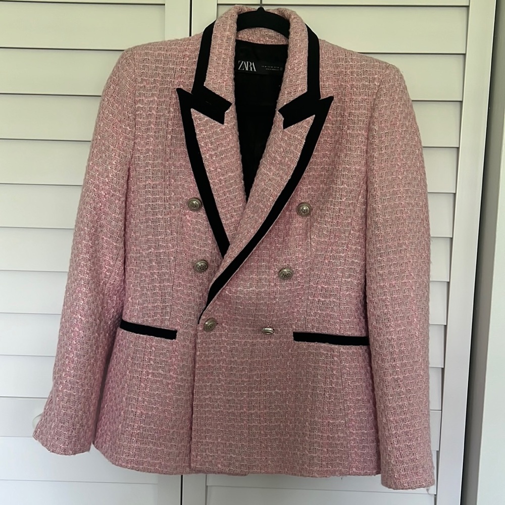 Zara Structured Blazer With Contrasting Piping Double Breasted Pink B